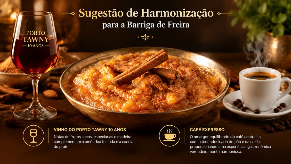 Uma imagem infográfica que apresenta sugestões de harmonização de bebidas para a sobremesa portuguesa Barriga de Freira. A imagem mostra uma tigela central da sobremesa, ladeada por um copo de Vinho do Porto Tawny 10 Anos à esquerda e uma chávena de café expresso à direita. Ícones e textos explicativos estão posicionados abaixo para cada bebida. O texto principal no topo diz Sugestão de Harmonização para a Barriga de Freira.