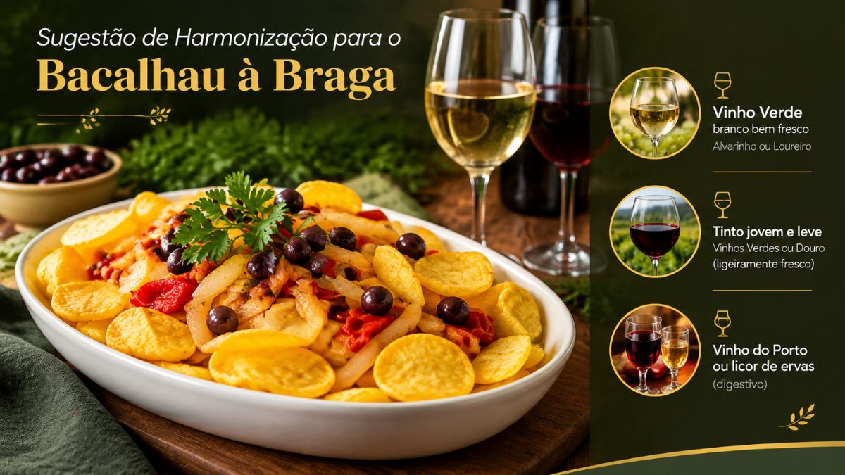 Infográfico com travessa de Bacalhau à Braga acompanhada de taças de vinho e sugestões de harmonização com Vinho Verde, tinto jovem e Vinho do Porto.