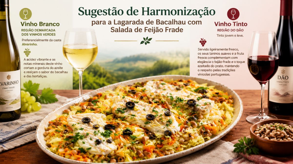 Infográfico com sugestão de harmonização de vinho branco Alvarinho e vinho tinto do Dão para lagarada de bacalhau.