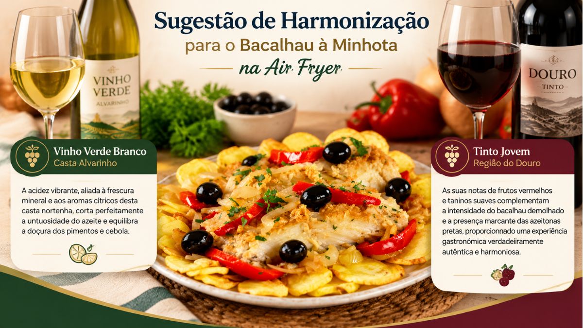 Um infográfico culinário ilustra sugestões de harmonização para bacalhau à minhota preparado na air fryer. À esquerda, um copo e garrafa de Vinho Verde Branco Alvarinho com notas de sabor. À direita, um copo e garrafa de Douro Tinto Jovem com notas de sabor. Ao centro, um prato apetitoso de bacalhau à minhota com batatas, cebola e azeitonas, rodeado por ingredientes frescos.