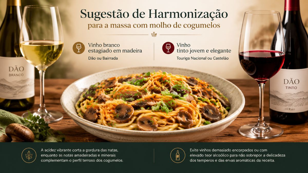 Gráfico infográfico com uma tigela de massa com cogumelos ladeada por copos de vinho tinto e branco, com texto de sugestões de harmonização detalhado.