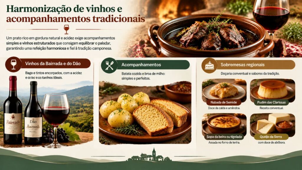 Infográfico sobre harmonização de vinhos da Bairrada e do Dão com chanfana, acompanhamentos tradicionais e sobremesas regionais portuguesas.