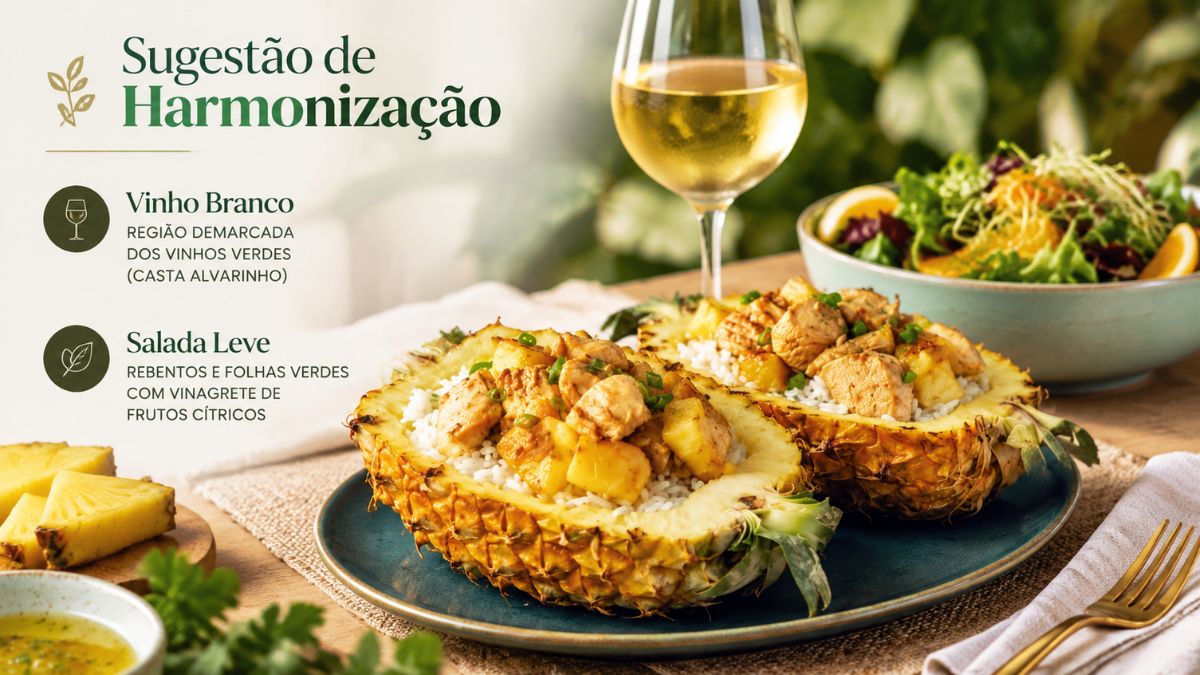Prato de ananás recheado com frango acompanhado por um copo de vinho branco Alvarinho e uma salada leve de rebentos.