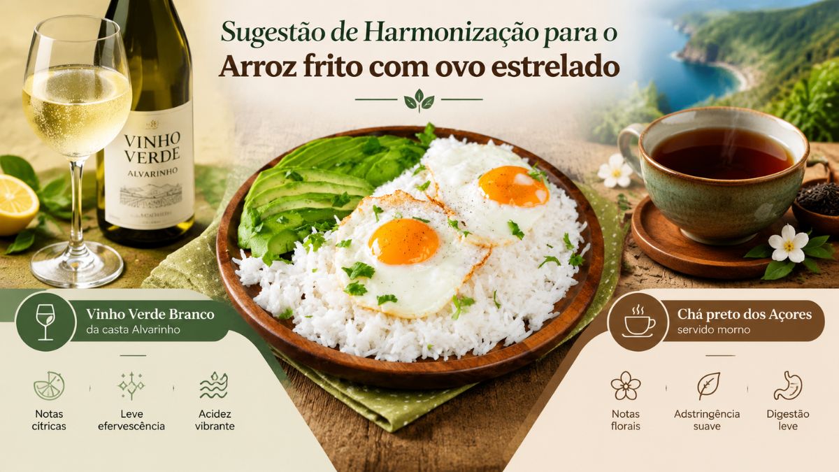 Prato de arroz frito servido com ovos estrelados e abacate, ladeado por um copo e garrafa de Vinho Verde Alvarinho e uma chávena de chá preto dos Açores.