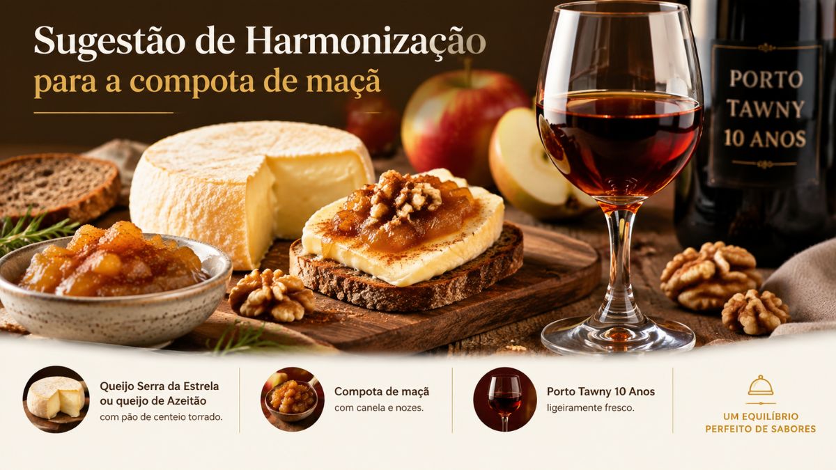 Uma imagem profissional de comida com o título Sugestão de Harmonização para a compota de maçã. A cena exibe uma tábua de madeira com queijo Serra da Estrela, pão de centeio tostado com compota e nozes, uma tigela de compota, maçãs frescas, nozes inteiras, um copo de Vinho do Porto Tawny 10 Anos e uma garrafa de Porto. Na parte inferior, ícones e texto descrevem a harmonização com queijo Serra da Estrela, compota de maçã com canela e nozes, e Porto Tawny 10 Anos, com a frase Um equilíbrio perfeito de sabores. A iluminação é quente e convidativa.