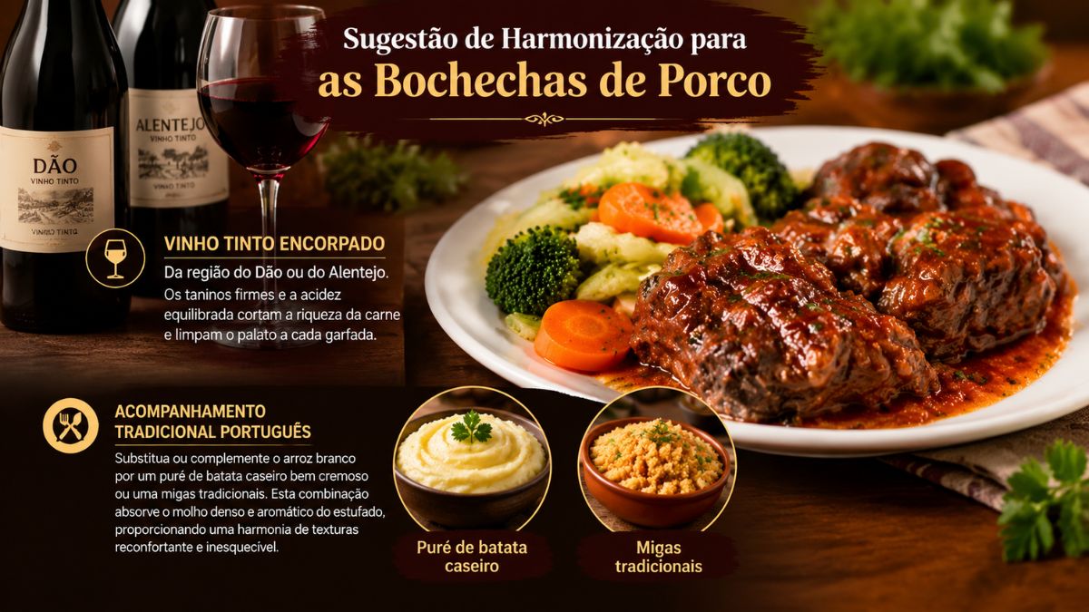 Infográfico explicativo com sugestão de harmonização de vinho tinto do Dão ou Alentejo e acompanhamentos tradicionais para bochechas de porco.