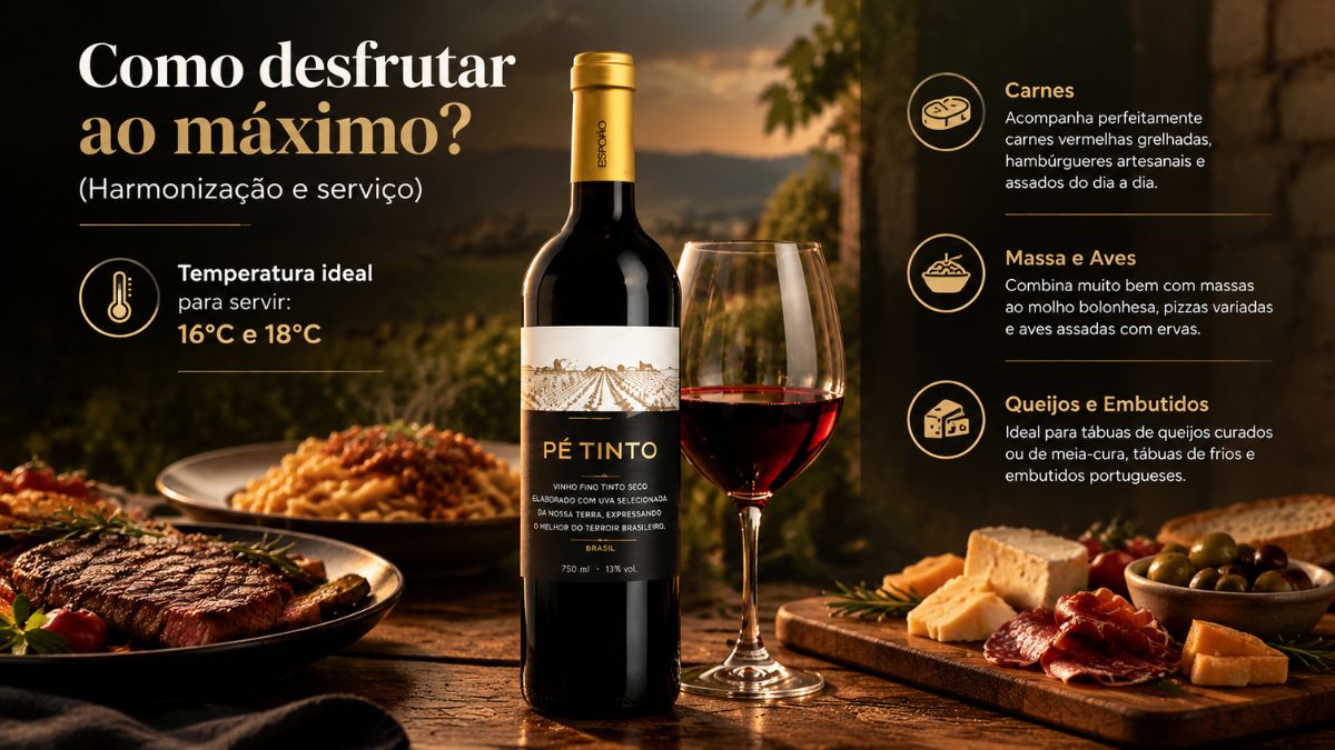 Infográfico de harmonização do vinho fino tinto seco Pé Tinto do terroir brasileiro com garrafa e taça ao centro, pratos de carnes, massas, queijos e embutidos ao redor e indicação da temperatura de serviço de 16°C a 18°C.