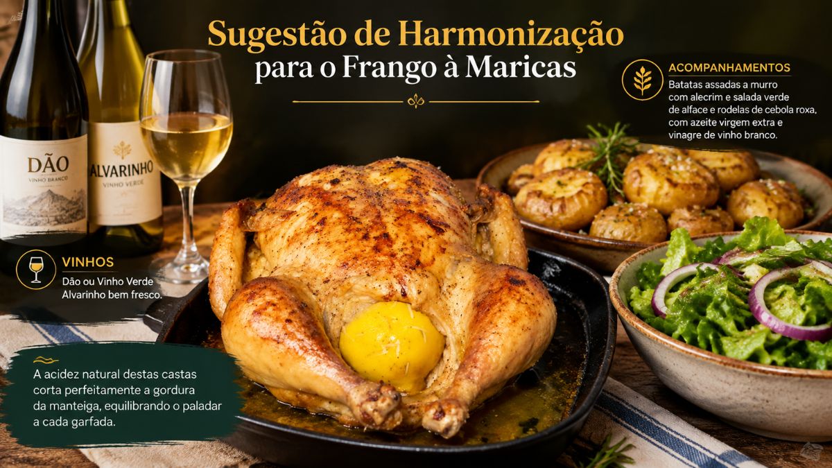 Uma mesa posta com um frango inteiro assado com limão na cavidade, acompanhado por taças com batatas assadas com alecrim e uma salada verde com cebola roxa. Ao fundo, garrafas de vinho Dão e Vinho Verde Alvarinho, e uma taça de vinho branco servida, com texto sobrepondo a imagem.