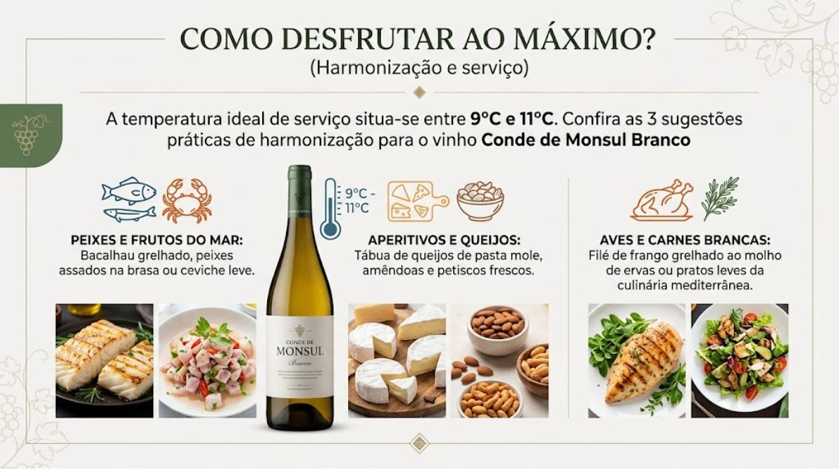 Infográfico com dicas de harmonização para o Vinho Branco Conde de Monsul, mostrando temperatura de serviço ideal e sugestões de acompanhamento como peixes, queijos e aves.