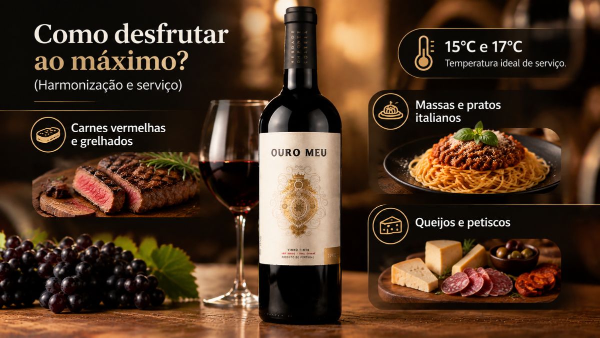 Infográfico explicativo sobre como harmonizar o vinho tinto Ouro Meu mostrando a garrafa ao centro, temperatura ideal de serviço entre 15°C e 17°C e sugestões de acompanhamento com carnes vermelhas, massas italianas e queijos.