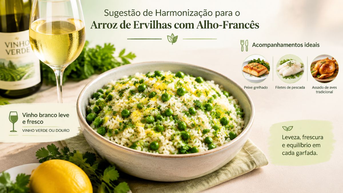 Infográfico gastronómico a apresentar sugestões de harmonização para arroz de ervilhas com alho-francês. A imagem mostra um copo e uma garrafa de Vinho Verde branco ao lado de uma taça com o arroz, juntamente com destaques circulares para peixe grelhado, filetes de pescada e assado de aves tradicional.