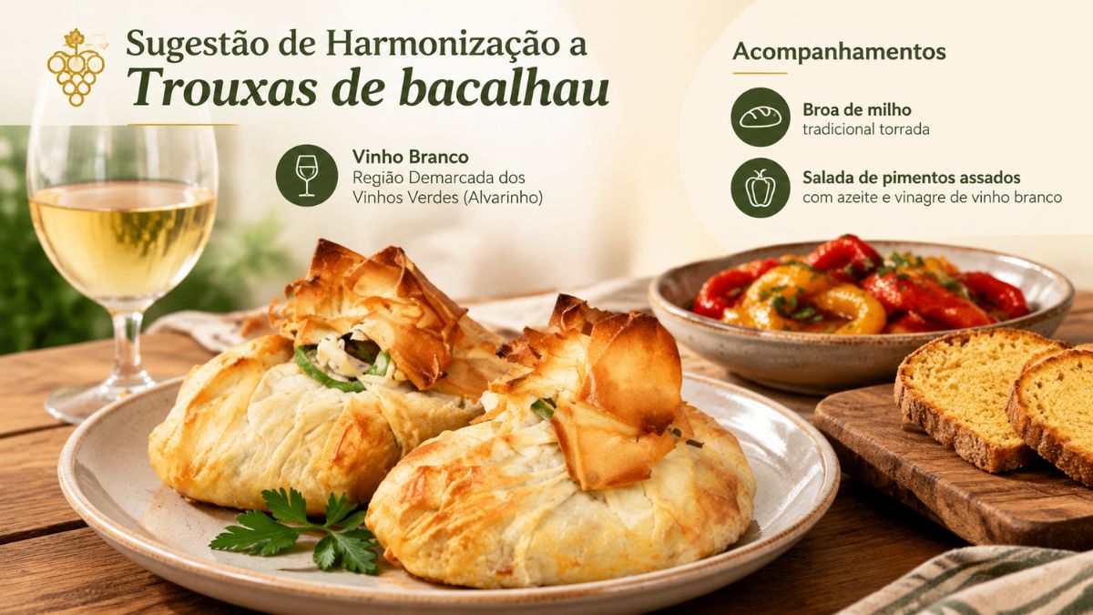 Infográfico com sugestões de harmonização para trouxas de bacalhau, destacando vinho branco Alvarinho dos Vinhos Verdes, broa de milho e salada de pimentos assados.