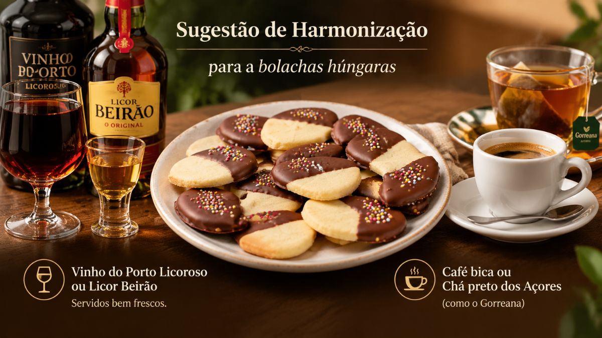 A imagem mostra sugestões de harmonização para bolachas húngaras dispostas numa mesa de madeira rústica. No centro, um prato com bolachas amanteigadas húngaras cobertas com chocolate e granulado colorido. À esquerda, uma garrafa de Vinho do Porto Licoroso e uma garrafa de Licor Beirão, acompanhadas pelos respetivos cálices servidos. À direita, uma chávena branca com café expresso e um copo de chá preto dos Açores, Gorreana, quente.
