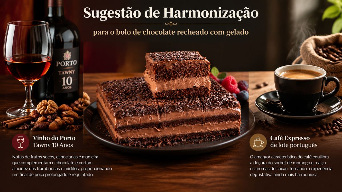 Bolo de chocolate recheado com gelado ao centro, ladeado por um copo de Vinho do Porto Tawny 10 Anos e uma chávena de café expresso.