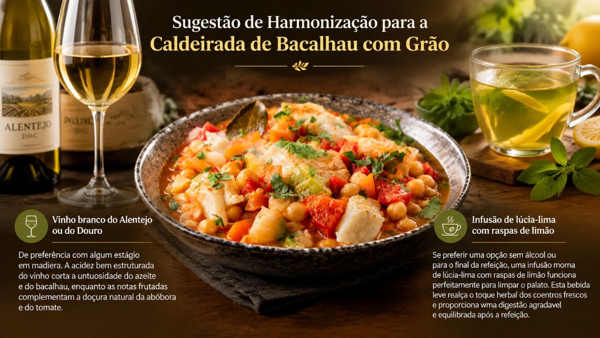 Prato de caldeirada de bacalhau com grão entre copos de vinho branco Alentejo e chá de lúcia-lima para harmonização gastronómica.