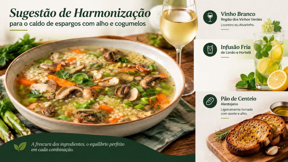 Um infográfico culinário mostra um prato de caldo de espargos com alho e cogumelos, acompanhado por sugestões de harmonização. À direita, três opções são listadas: Vinho Branco da Região dos Vinhos Verdes (Loureiro ou Alvarinho), uma Infusão Fria de Limão e Hortelã, e Pão de Centeio Alentejano ligeiramente torrado com azeite e alho. Uma citação no rodapé destaca a frescura dos ingredientes e o equilíbrio perfeito.