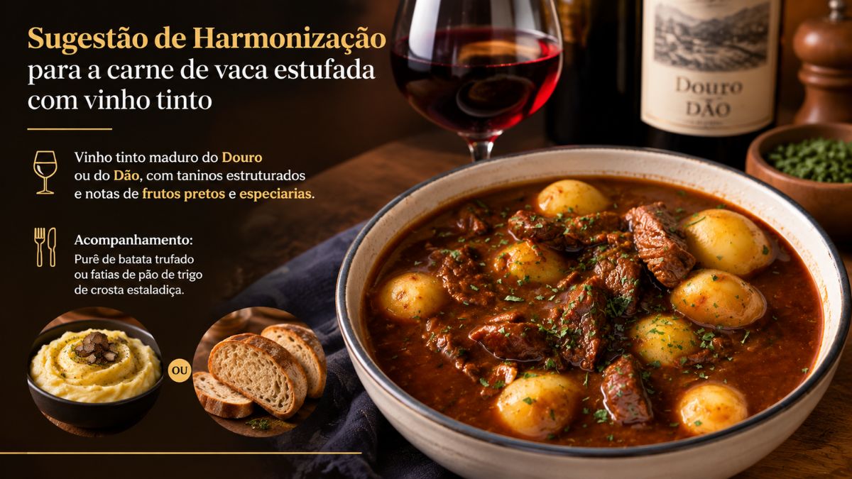 Uma tigela de carne de vaca estufada com batatas primor ao lado de um copo de vinho tinto, uma garrafa de vinho do Douro e do Dão e opções de acompanhamento como puré de batata trufado e fatias de pão rústico.
