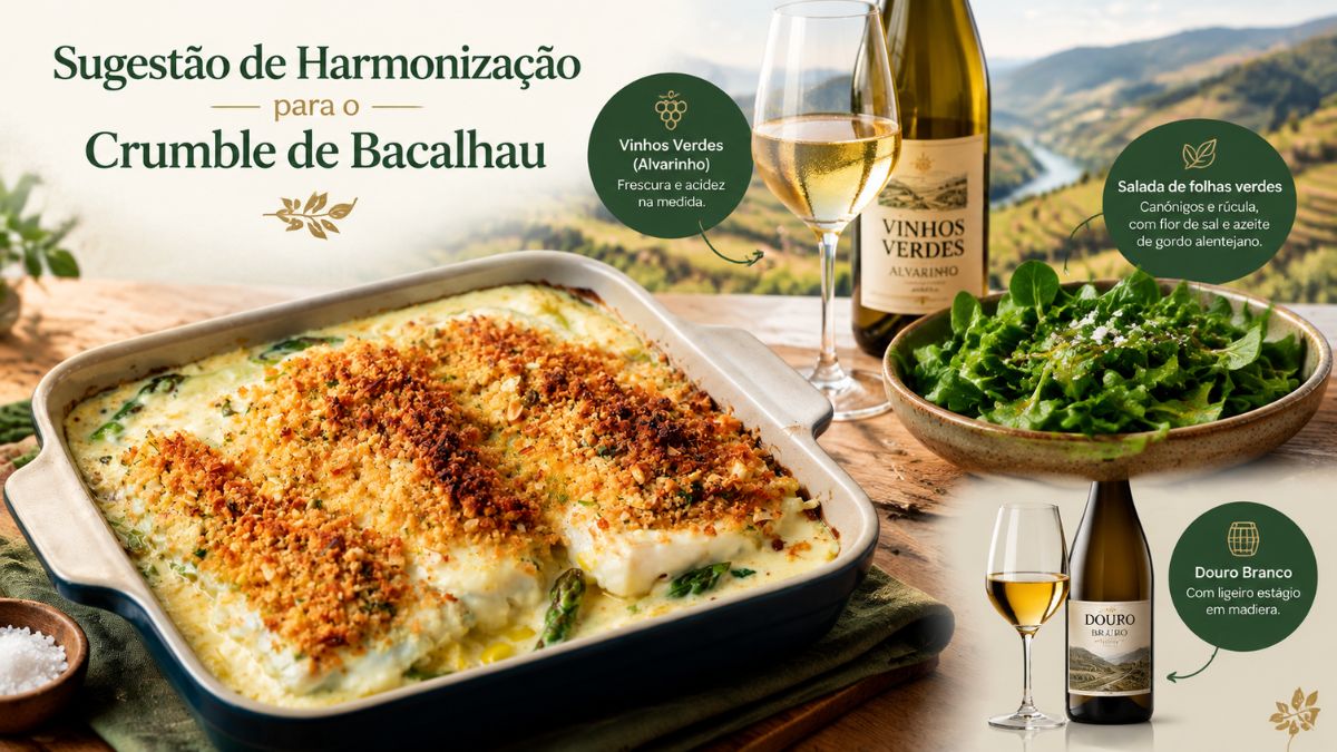Infográfico com sugestão de harmonização para crumble de bacalhau, destacando garrafas de vinho verde Alvarinho, vinho Douro branco e salada de folhas verdes.