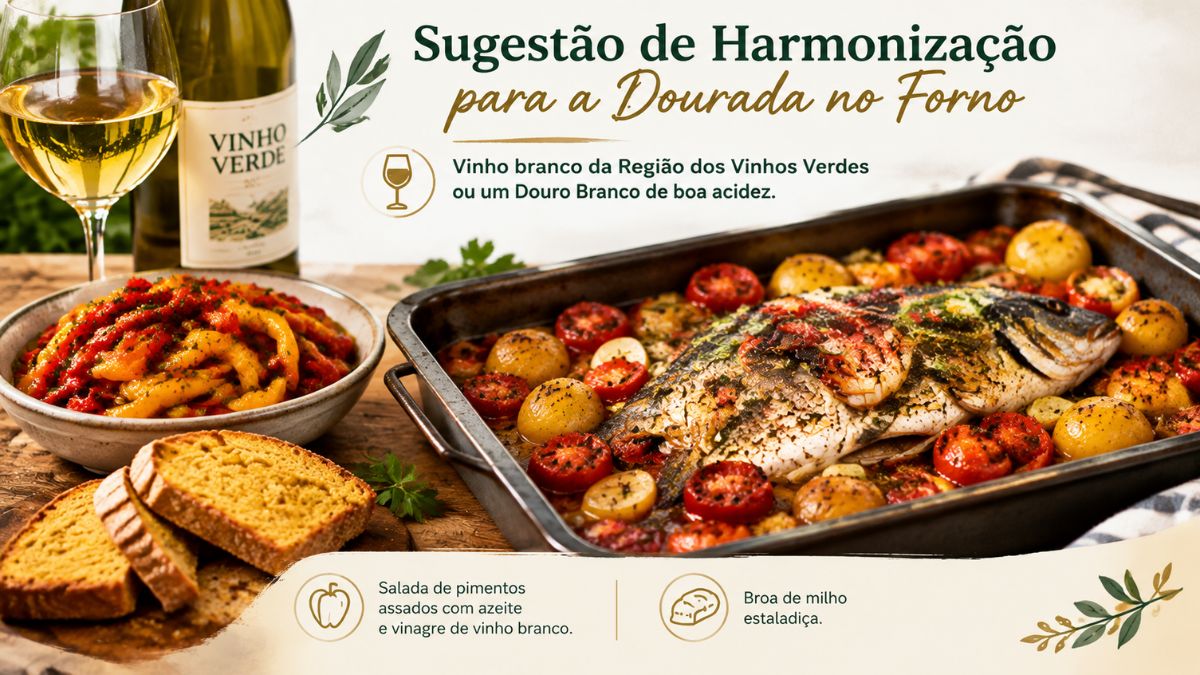 A imagem apresenta uma mesa de jantar rústica com uma refeição completa de dourada assada no forno. No centro, um tabuleiro metálico contém uma dourada inteira assada com batatas baby e tomates cereja. Ao lado, um prato com salada de pimentos assados e fatias de broa de milho estaladiça. Atrás, vê-se um copo de vinho branco gelado e uma garrafa de Vinho Verde. O texto sobreposto fornece sugestões de harmonização: vinho branco Vinho Verde ou Douro Branco de boa acidez, salada de pimentos assados e broa de milho.