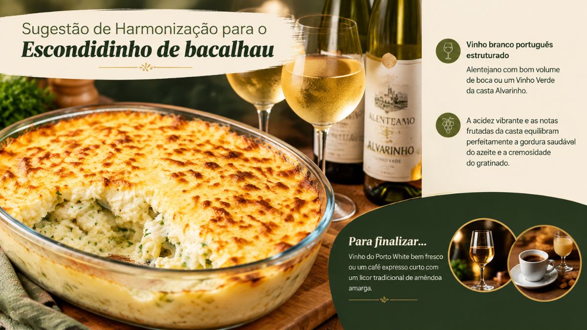 Um infográfico culinário mostra uma travessa de escondidinho de bacalhau gratinado ao lado de duas garrafas de vinho branco português e dois copos cheios. O texto sugere um vinho branco estruturado Alentejano ou Vinho Verde Alvarinho para equilibrar a gordura e a cremosidade do prato. Uma seção inferior sugere finalizar com Vinho do Porto White fresco ou café expresso com licor de amêndoa amarga.