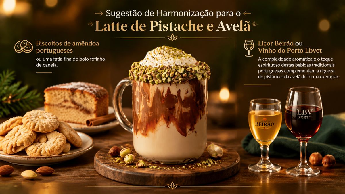 Um infográfico fotográfico em ambiente acolhedor apresenta sugestões de harmonização para o Latte de Pistache e Avelã. No centro, uma caneca de vidro cheia de latte com borda de pistache e cobertura de creme. À esquerda, textos sugerem "Biscoitos de amêndoa portugueses ou uma fatia fina de bolo fofinho de canela", acompanhados por um prato de bolachas, uma fatia de bolo marmoreado e paus de canela. À direita, textos sugerem "Licor Beirão ou Vinho do Porto LBVET", explicando a complementação aromática, com dois cálices de vidro, um contendo o licor âmbar e outro o vinho do Porto tinto, ao lado de avelãs soltas.