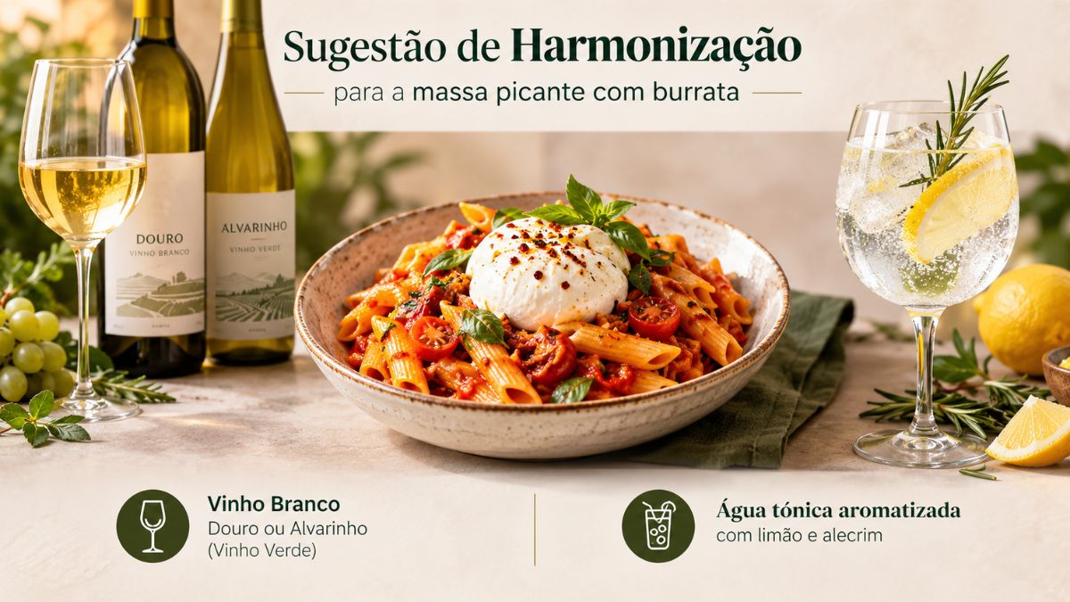 Prato de massa picante com burrata ladeado por garrafas de vinho branco do Douro e Alvarinho, além de um copo de água tónica aromatizada com limão e alecrim.