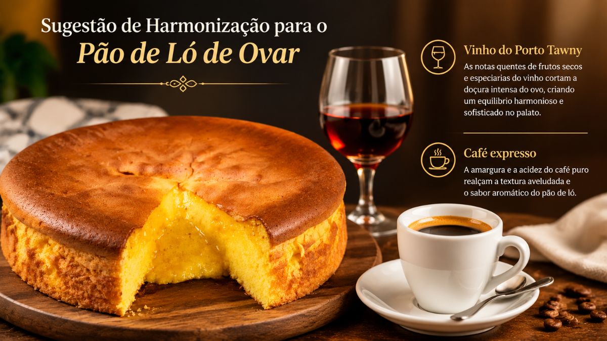 Infografia gastronómica sobre a harmonização perfeita para o Pão de Ló de Ovar. A imagem apresenta o bolo tradicional fofo com interior cremoso ao lado de um copo de Vinho do Porto Tawny e uma chávena de café expresso, acompanhados por descrições explicativas dos sabores.