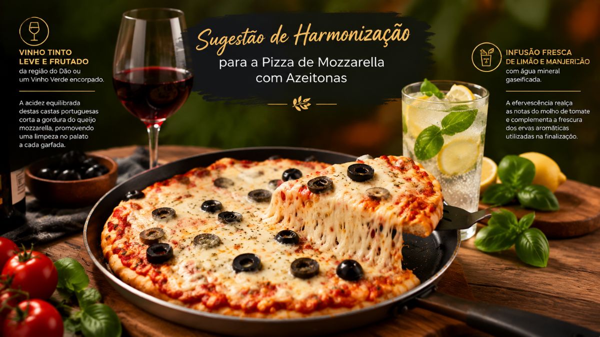 Infografia de gastronomia que apresenta a pizza de mozzarella com azeitonas ao centro, acompanhada por uma taça de vinho tinto à esquerda e uma infusão de limão à direita, com descrições de harmonização.