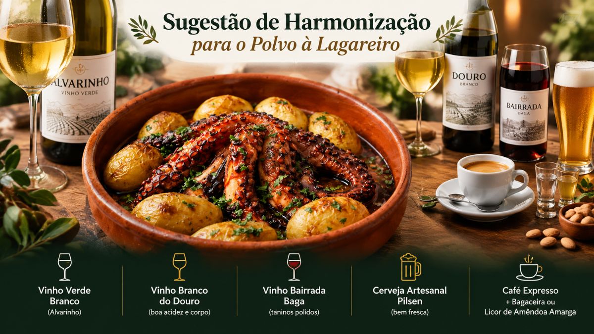 Um tabuleiro de barro com polvo à lagareiro e batatas, rodeado por copos e garrafas de vinho verde Alvarinho, vinho branco do Douro, vinho tinto Bairrada, cerveja artesanal e café expresso, ilustrando opções de harmonização.