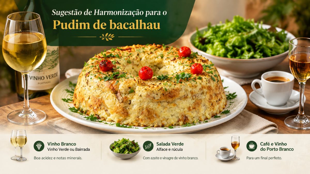 Infografia de harmonização para pudim de bacalhau com copo de vinho verde branco salada e café expresso sobre mesa.