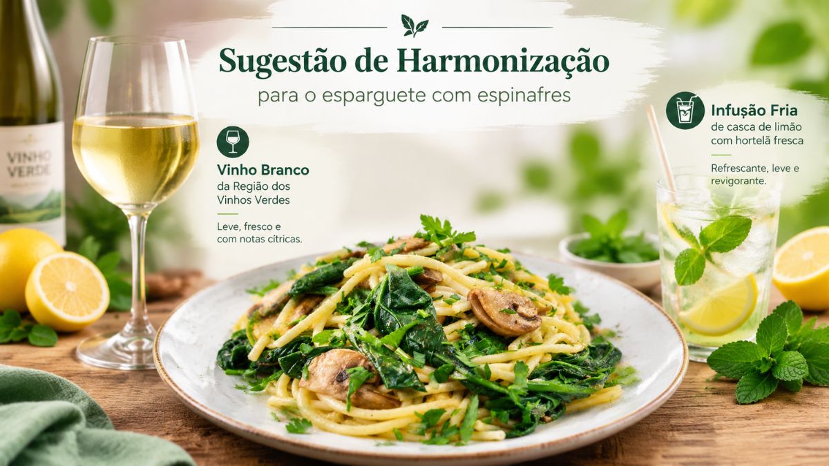 Infográfico gastronómico mostrando um prato de esparguete com espinafres acompanhado por um copo de vinho branco fresco e um copo de infusão fria de casca de limão com hortelã sobre uma mesa de madeira.
