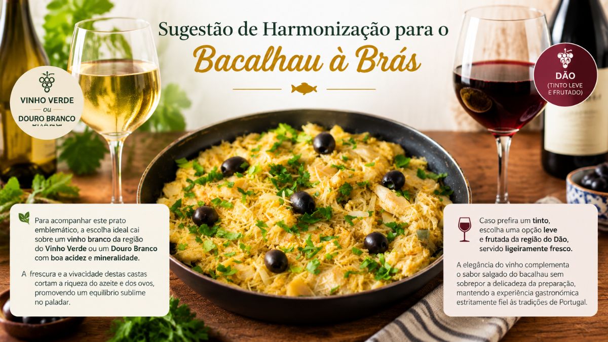 Infografia com sugestões de harmonização de vinho para Bacalhau à Brás, mostrando uma frigideira com o prato tradicional ao centro, ladeada por um copo de vinho branco à esquerda e um copo de vinho tinto à direita, acompanhados por blocos de texto explicativos.