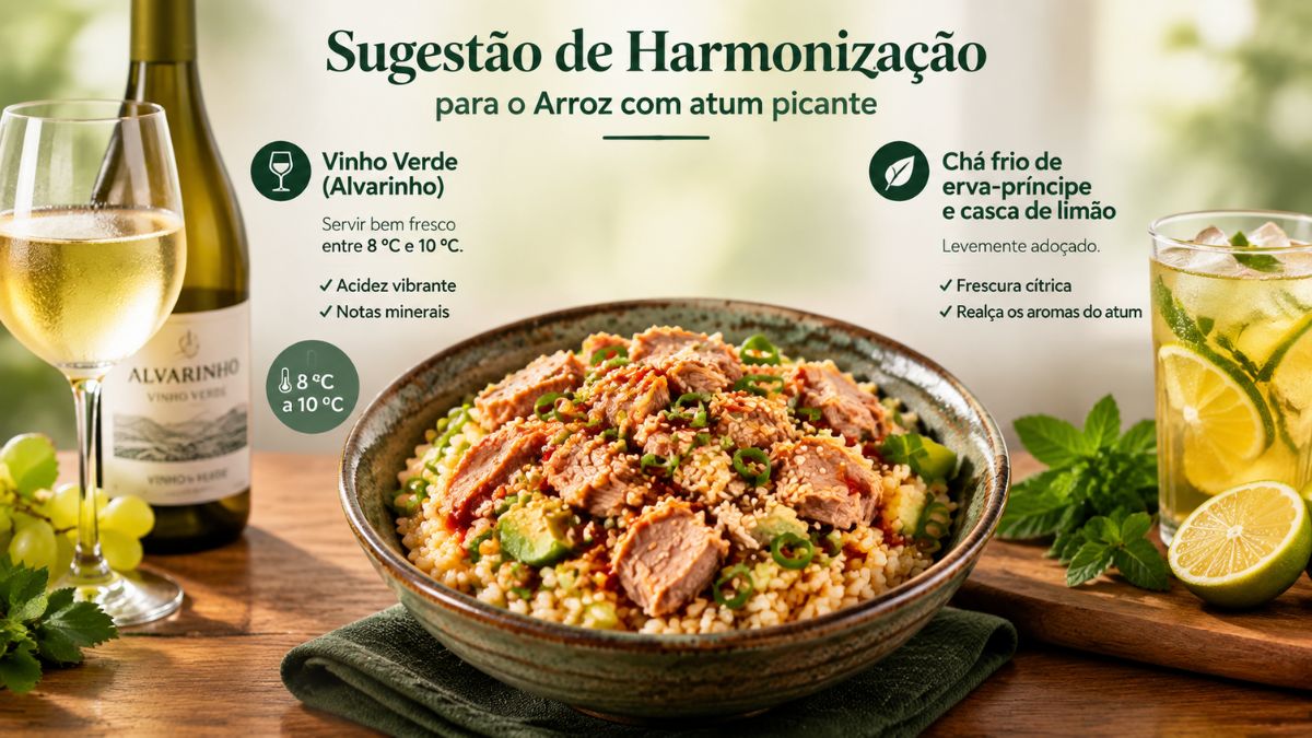 Infográfico explicativo sobre a harmonização para a receita de arroz com atum picante. Ao centro destaca-se uma taça de arroz com atum, acompanhada à esquerda por uma garrafa e um copo de Vinho Verde Alvarinho fresco e à direita por um copo de chá frio de erva-príncipe com casca de limão e gelo.