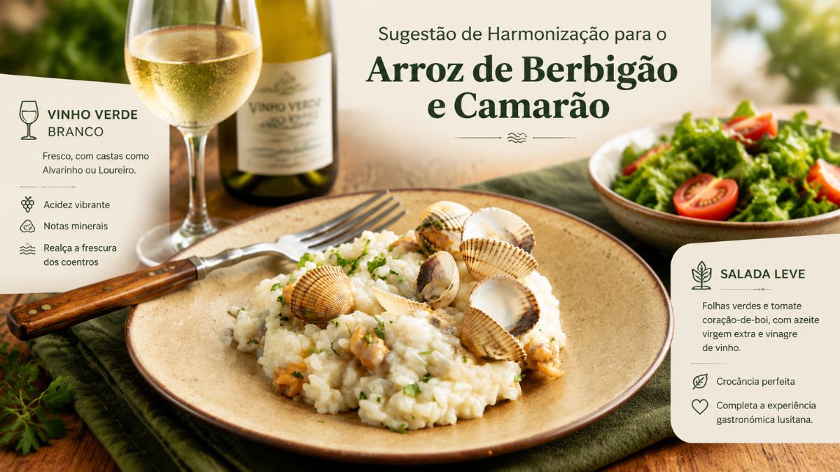 Guia de harmonização para arroz de berbigão e camarão com copo de vinho verde branco e salada de tomate.