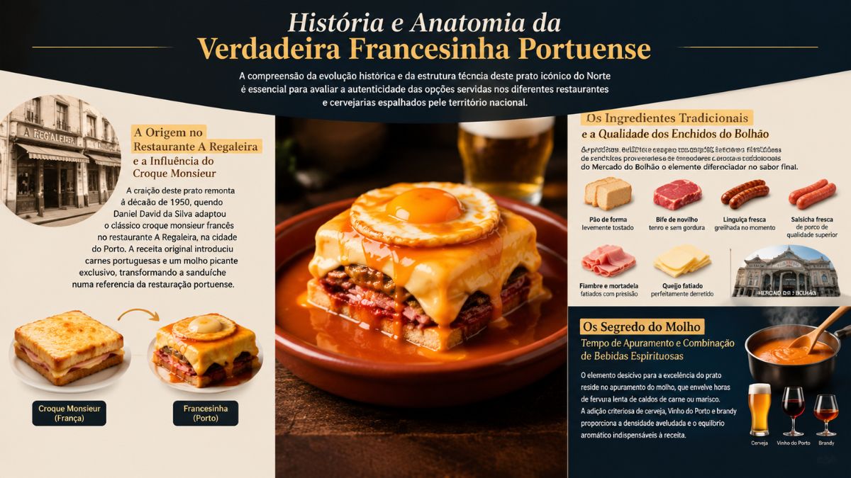 Infográfico explicativo sobre a história e anatomia da verdadeira francesinha portuense, mostrando a origem no restaurante A Regaleira, a evolução do croque monsieur, os ingredientes tradicionais com enchidos do Bolhão e o segredo do molho apurado.