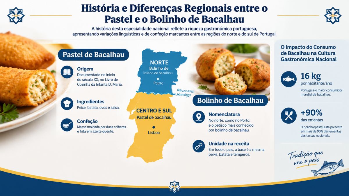 Infográfico explicativo sobre as diferenças regionais entre o pastel e o bolinho de bacalhau com mapa de Portugal e dados de consumo.