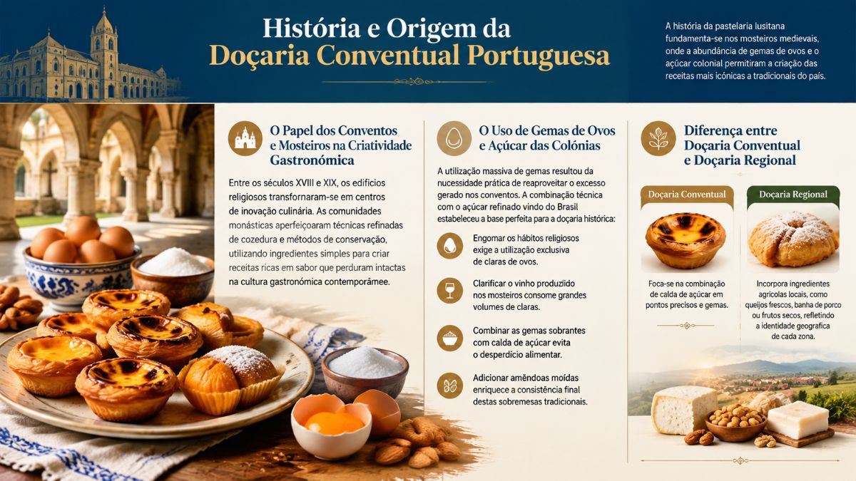Infográfico explicativo sobre a história e origem da doçaria conventual portuguesa destacando o uso de gemas de ovos, açúcar e a diferença para a doçaria regional.