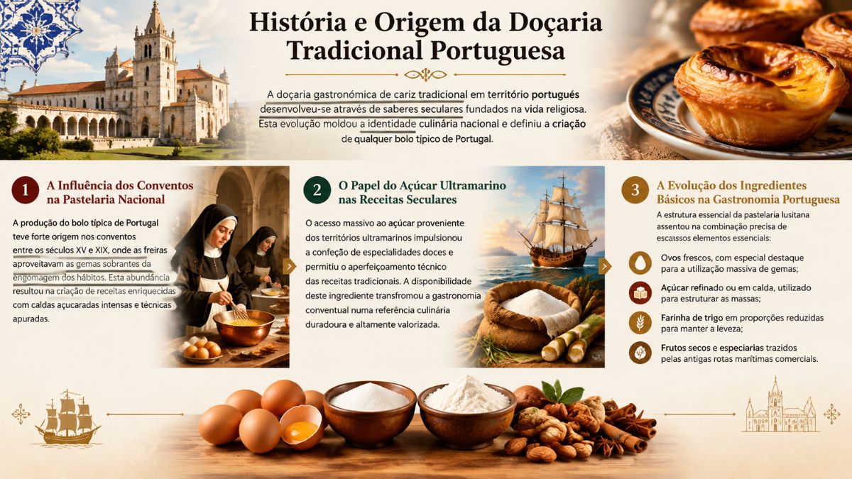 Infográfico explicativo sobre a história e origem da doçaria tradicional portuguesa com ilustrações de conventos, freiras, caravelas e ingredientes.
