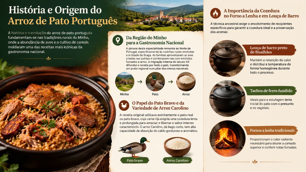 Infográfico explicativo sobre a história do arroz de pato em Portugal, mostrando a origem no Minho, o uso de pato bravo, arroz Carolino, louça de barro e forno a lenha.