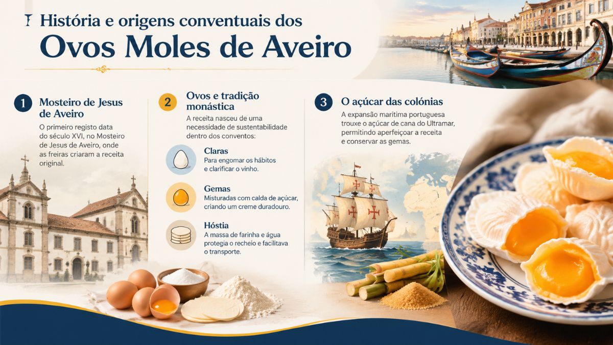 Infográfico explicativo sobre a história e origens conventuais dos Ovos Moles de Aveiro, com ilustrações do Mosteiro de Jesus, embarcação antiga, canas de açúcar, ovos e prato com a iguaria.