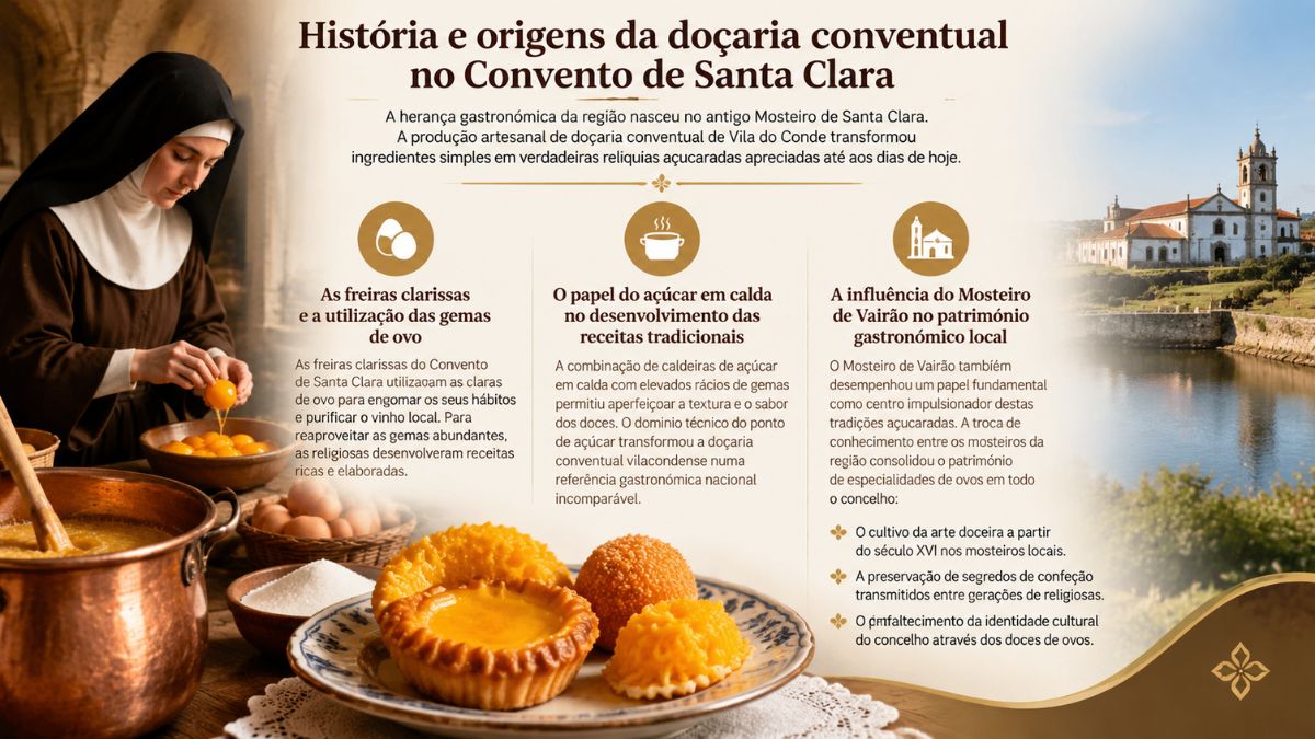 Infográfico explicativo sobre a história da doçaria conventual de Vila do Conde, destacando a preparação artesanal das freiras e o Convento de Santa Clara.