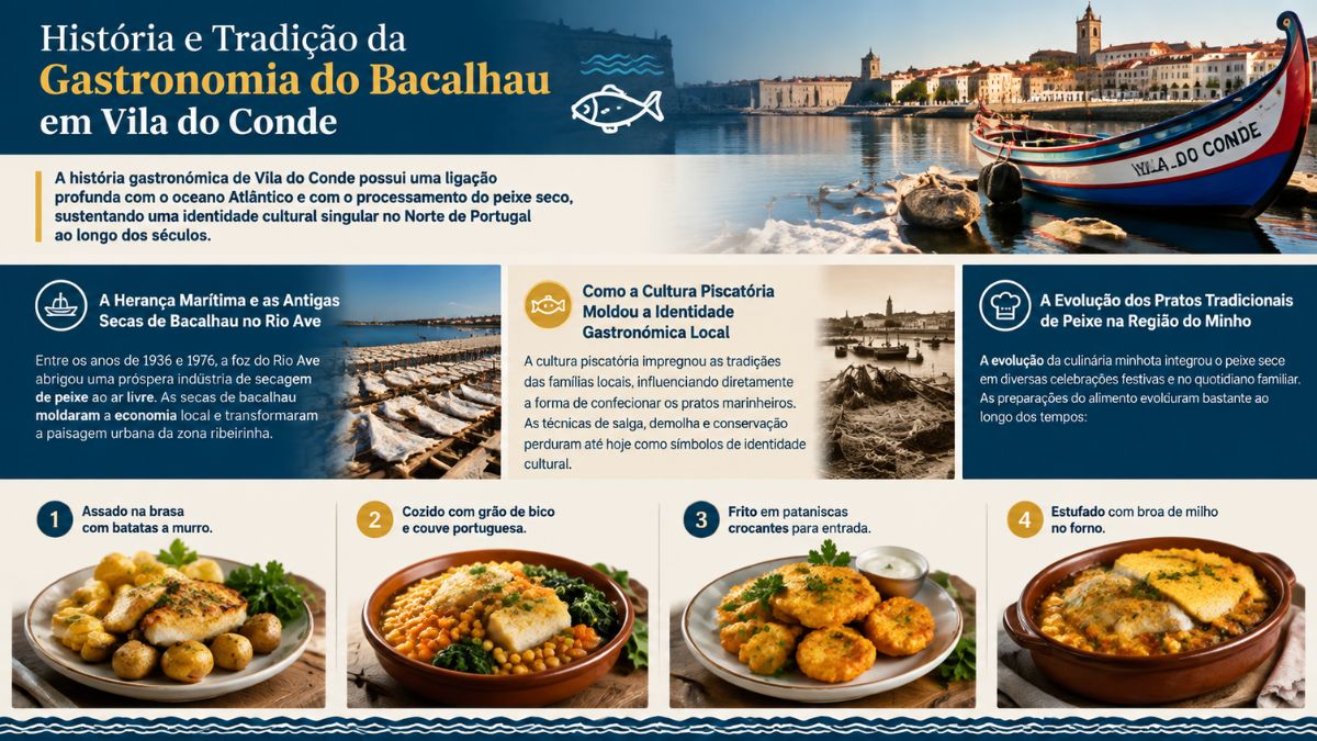 Infográfico sobre a história e tradição da gastronomia do bacalhau em Vila do Conde com fotos do rio e pratos típicos.