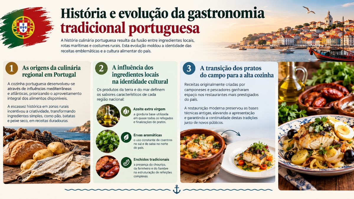 Infográfico sobre a história e evolução da gastronomia tradicional portuguesa, mostrando ingredientes locais, pratos de peixe e a transição da cozinha rural.