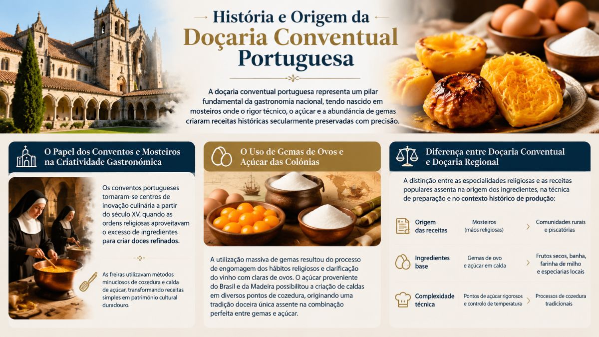 Infográfico informativo sobre a história e origem da doçaria conventual portuguesa mostrando mosteiros, freiras a cozinhar, ovos, açúcar e doces tradicionais.