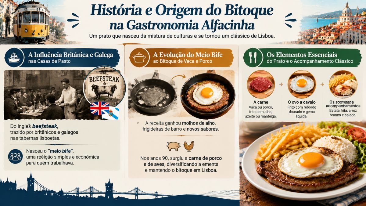 Infográfico sobre a história e origem do bitoque na gastronomia de Lisboa com detalhes das influências históricas, evolução e ingredientes clássicos.