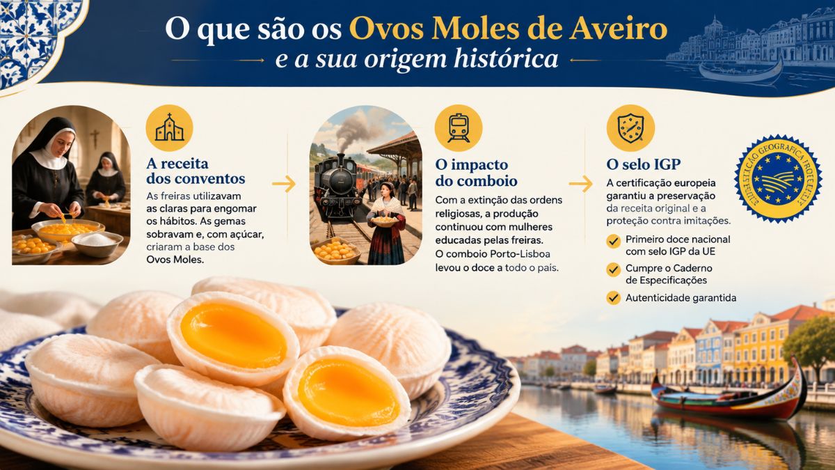 Um infográfico detalhado sobre os Ovos Moles de Aveiro, mostrando a receita conventual, o impacto do comboio e o selo IGP, com o doce e barcos moliceiros.