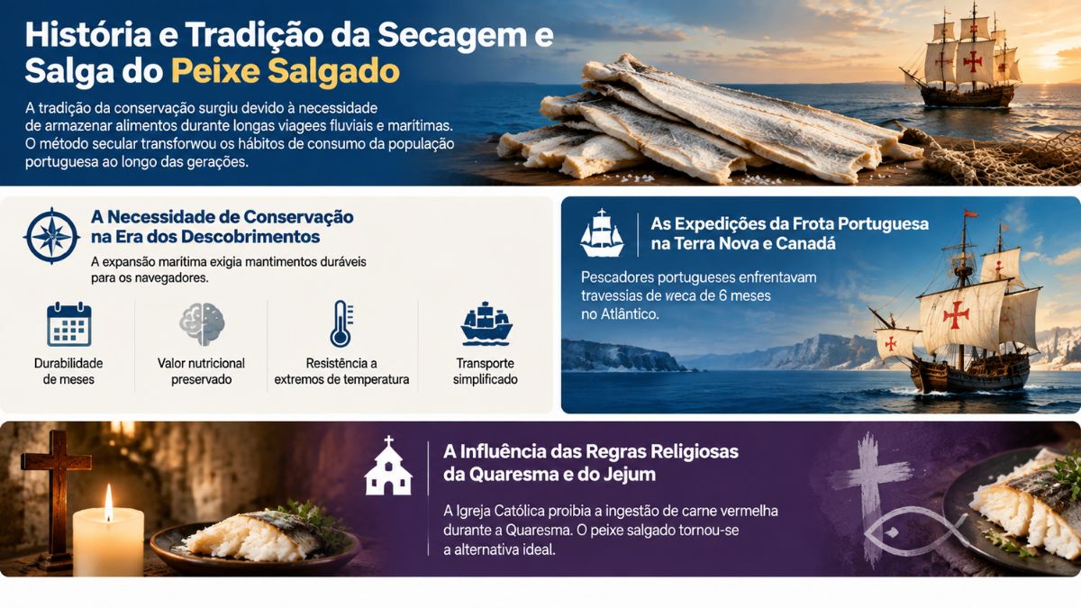 Infográfico sobre a história do peixe salgado em Portugal, destacando a Era dos Descobrimentos, as expedições na Terra Nova e a influência religiosa.