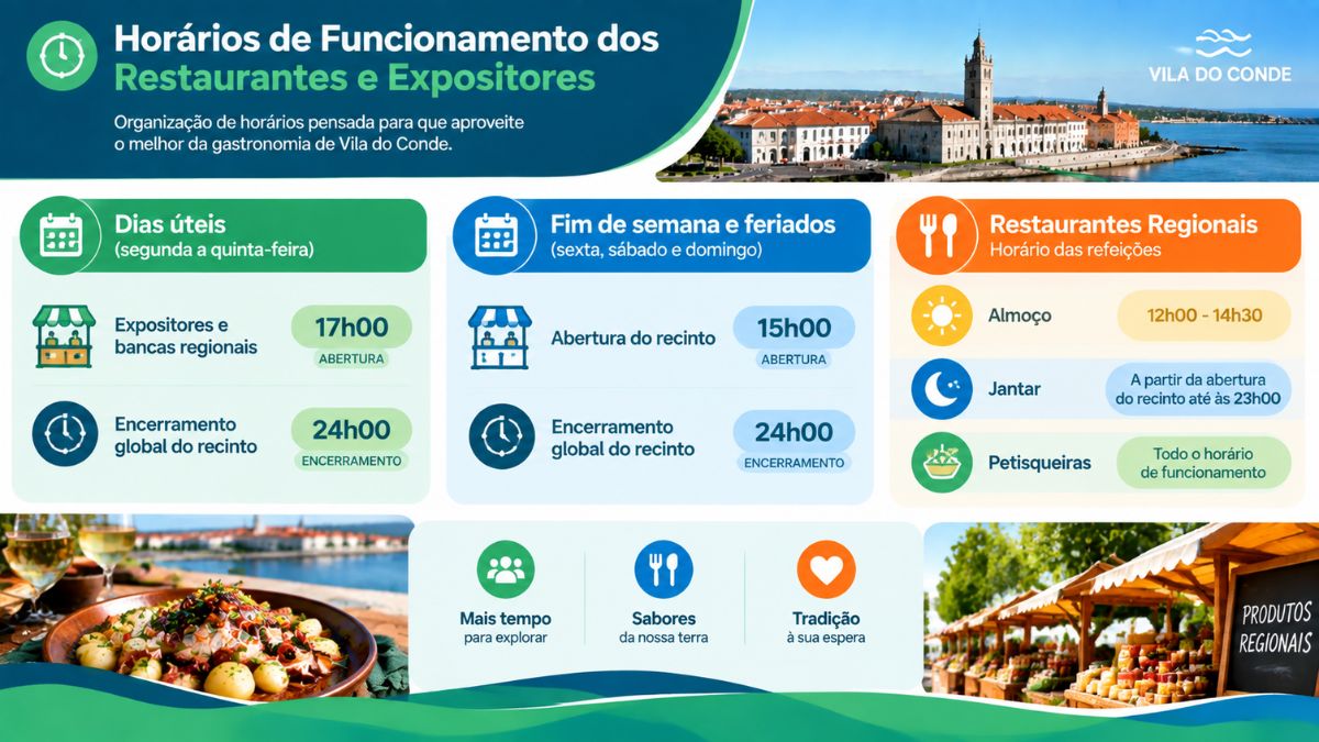 Infográfico explicativo sobre os horários de abertura e encerramento dos expositores, restaurantes e petisqueiras da Feira de Gastronomia de Vila do Conde.