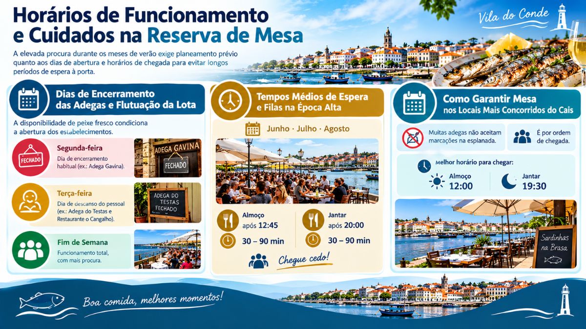 Infográfico explicativo sobre dias de encerramento, tempos de espera e dicas de reservas nos restaurantes de Vila do Conde.