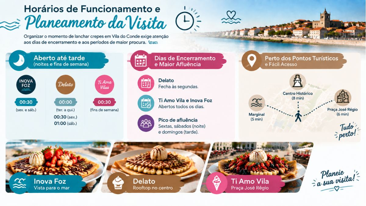 Infografia sobre os horários de funcionamento e planeamento da visita para comer crepes em Vila do Conde, detalhando estabelecimentos abertos no período noturno, dias de encerramento, horários de maior afluência e distâncias a pé até aos pontos turísticos.